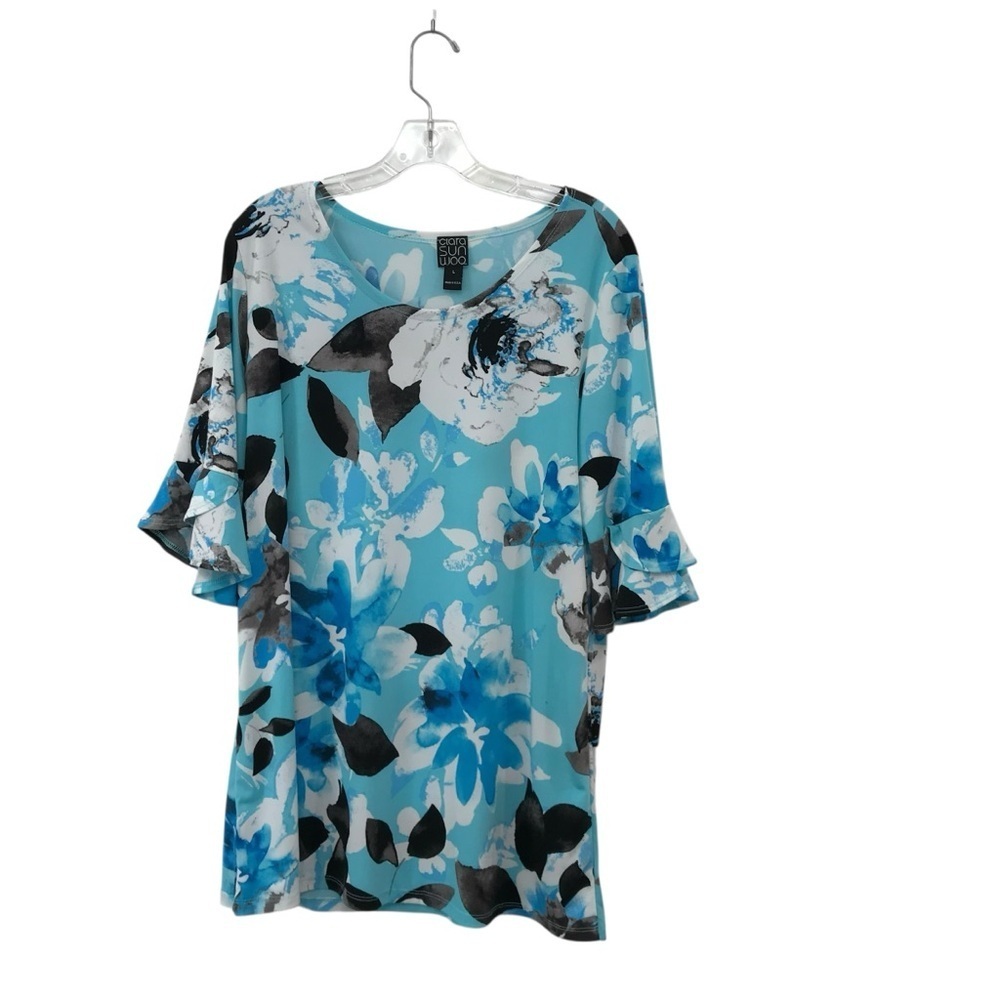 CLARA SUNWOO Knit Top Large 3/4 Bell Sleeve Blue Black White Size Large